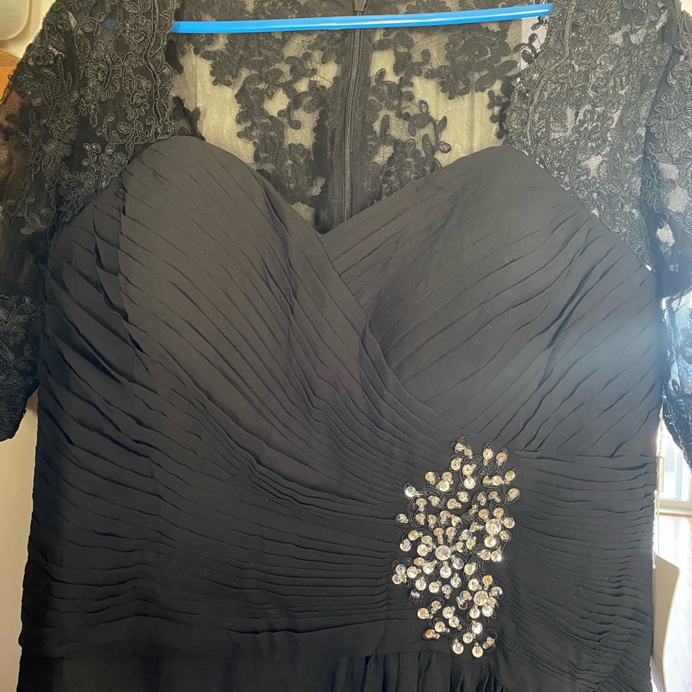 Black Lace-Accent Prom Dress with Crystal Embellishment